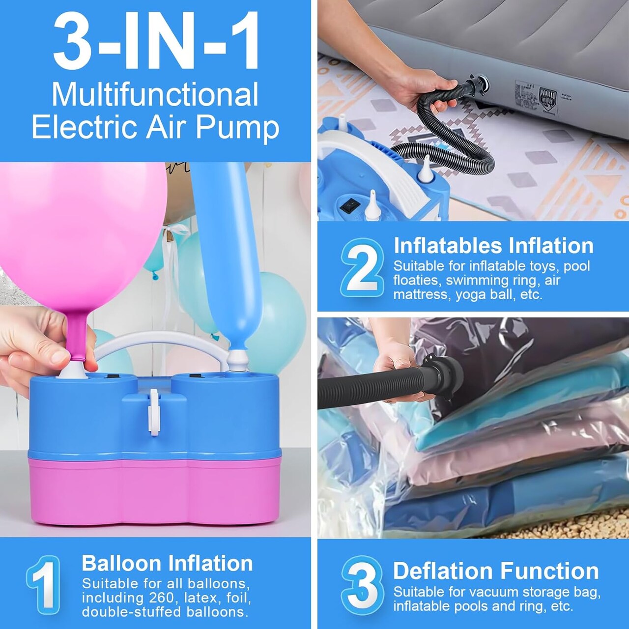 3-in-1 Electric Balloon Pump – Portable Dual Nozzle Inflator & Deflator for 260Q Balloons, Pool Floats & Air Mattresses (Blue & Pink)